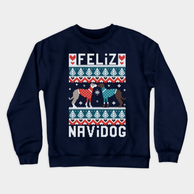 Feliz Navidog witty wordplay fair isle greyhounds // spot // teal and navy background cute dogs dressed with teal and red knitted Christmas ugly sweaters pixel art Crewneck Sweatshirt by SelmaCardoso